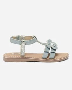 Sandale Bleu Et Argent En Cuir Velours Avec Nœuds