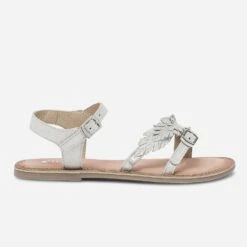 Sandale Argentée En Cuir Irisé à Feuilles