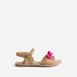 Sandale BUGGY Camel En Cuir Avec 3 Nœuds Amovibles