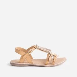 Sandale BUGGY Camel En Cuir Avec Pompons