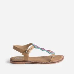 Sandale BUGGY Camel En Cuir Brodé Perles