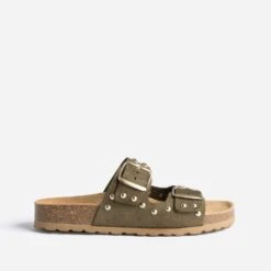 Mule Anatomique Kaki En Cuir Velours à Clous