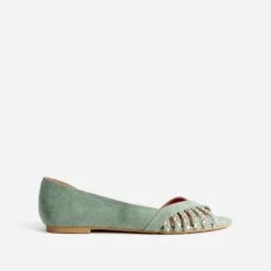 Ballerine Vert Sauge Suédée Et Dorée Open-toe