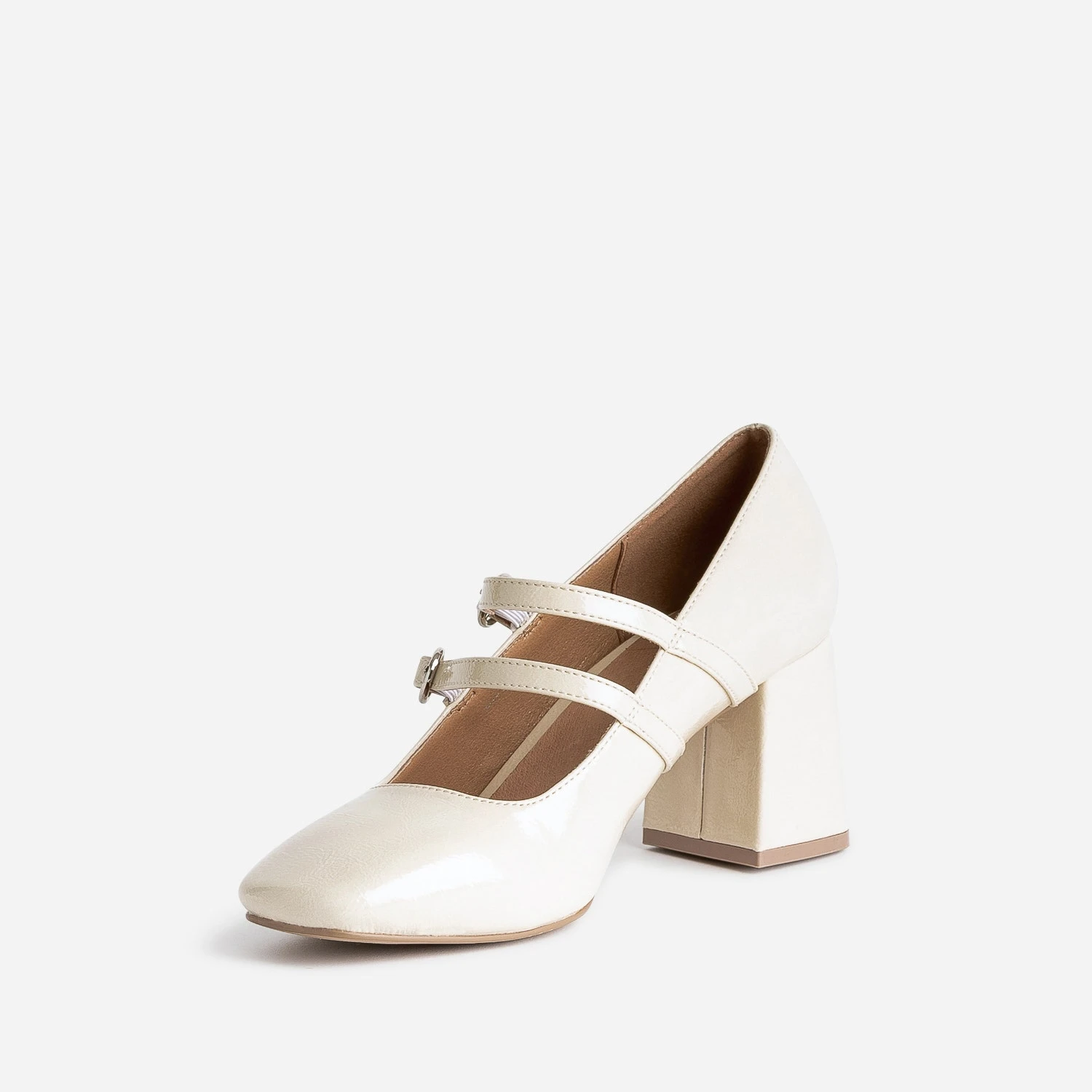 Babies à Talon Beige Verni à Double Bride 5 Babies à Talon Beige Verni à Double Bride – Image 3