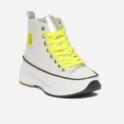 Basket KAPORAL Blanche Et Argenté En Toile à Plateforme Et Lacet Jaune Fluo -Caprices Chaussures Boutique WWWERM 10384330208 2