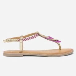 Sandale-tong Violine Et Doré En Cuir à Plumes