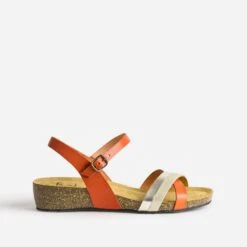 Sandale Anatomique Orange Et Dorée En Cuir