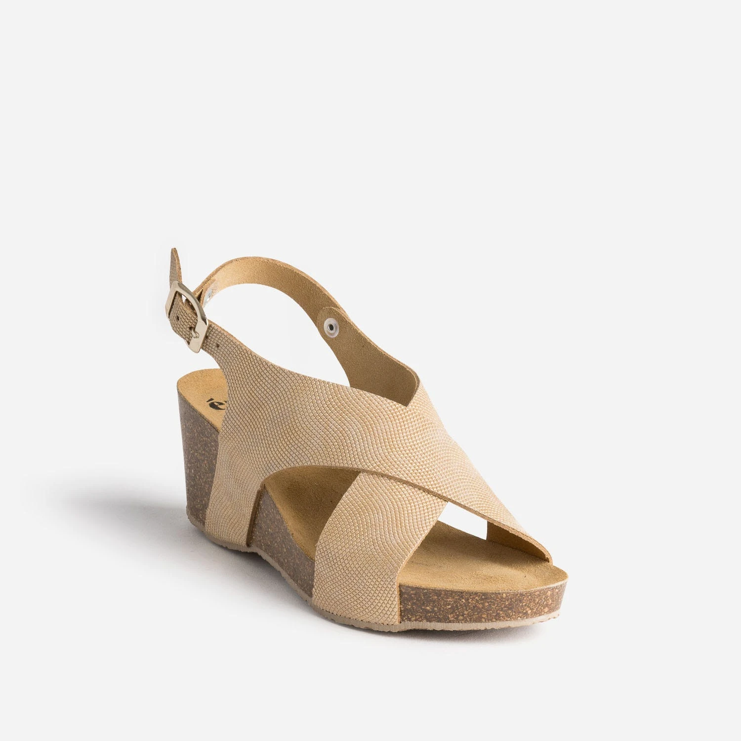 Sandale Compensée Anatomique Beige Doré En Cuir Embossé 4 Sandale Compensée Anatomique Beige Doré En Cuir Embossé – Image 2