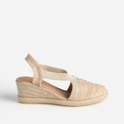 Espadrille Compensée Beige Et Camel Pailleté Or En Toile