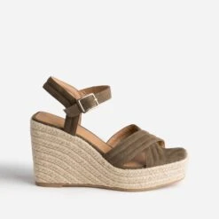 Sandale Compensée TEXTO Kaki Suédée