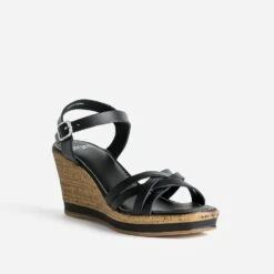 Sandale Compensée Noire En Cuir -Caprices Chaussures Boutique WWWERM 10386420046 1