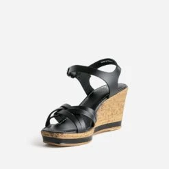 Sandale Compensée Noire En Cuir -Caprices Chaussures Boutique WWWERM 10386420046 2