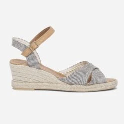 Sandale Compensée écrue à Rayures Beiges Et Marine