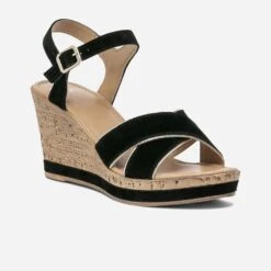 Sandale Compensée Noire En Cuir Velours -Caprices Chaussures Boutique WWWERM 10386420597 1