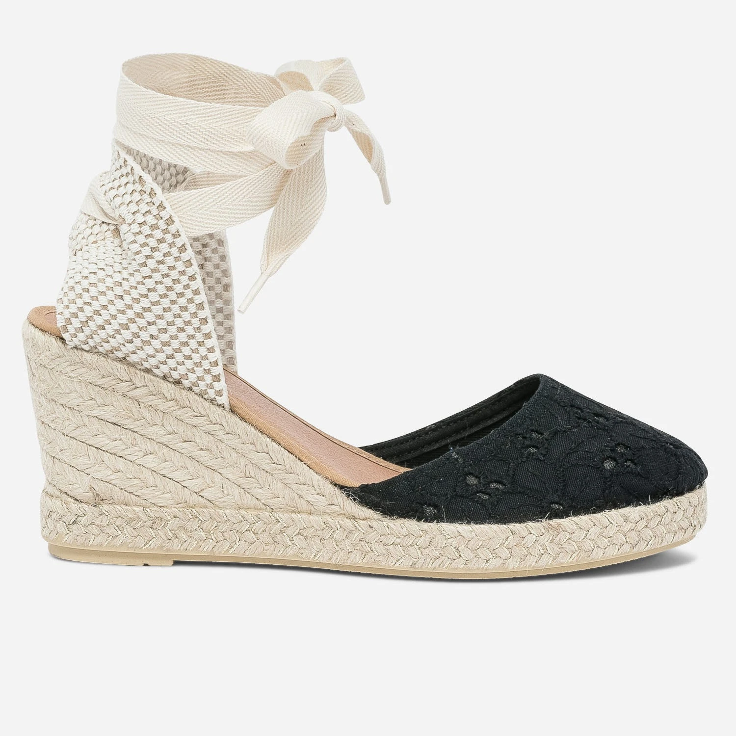 Espadrille Compensée Noire En Toile Avec Broderie Anglaise 3 Espadrille Compensée Noire En Toile Avec Broderie Anglaise