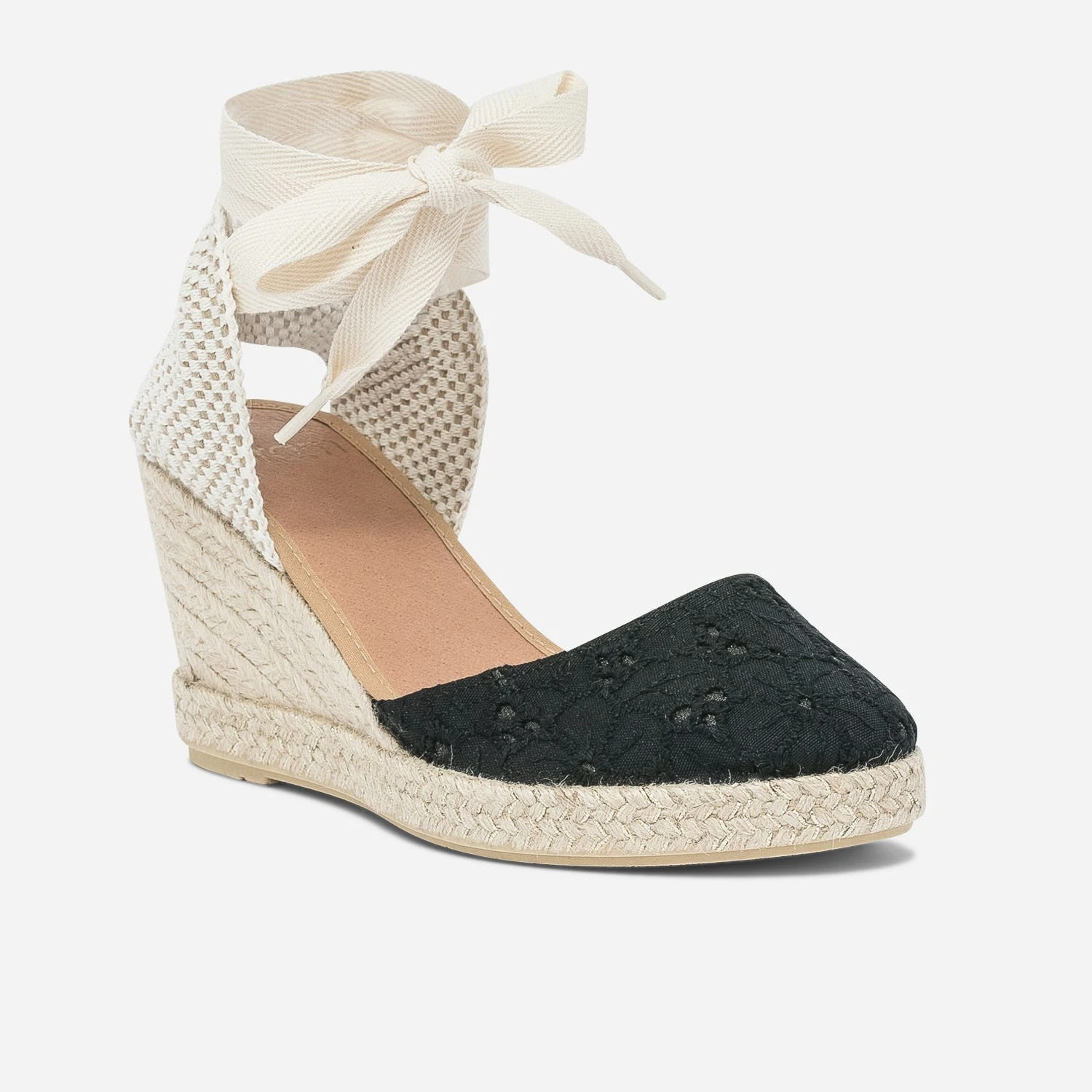 Espadrille Compensée Noire En Toile Avec Broderie Anglaise 5 Espadrille Compensée Noire En Toile Avec Broderie Anglaise – Image 3