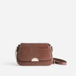 Sac Bandoulière Cognac Embossé Effet Croco