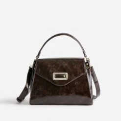 Sac à Main Marron Foncé Patiné Forme Trapèze