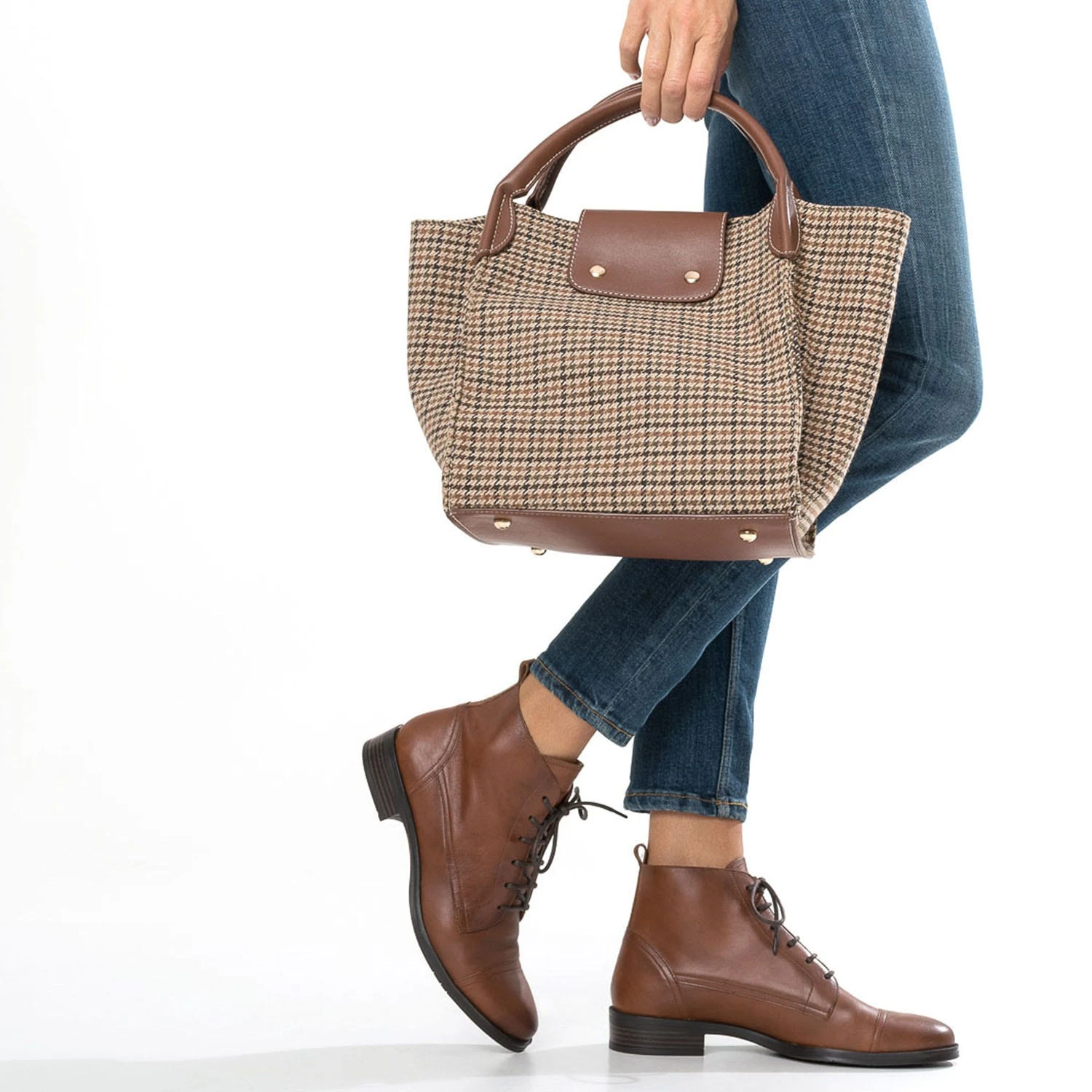 Sac à Main Marron à Motifs Pied-de-poule 4 Sac à Main Marron à Motifs Pied-de-poule – Image 2