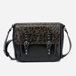 Besace TEXTO Noire Avec Rabat Effet Léopard
