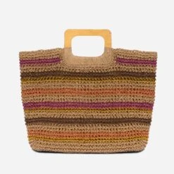 Sac Cabas TEXTO Beige Rayé Rose, Marron, Doré, Orange