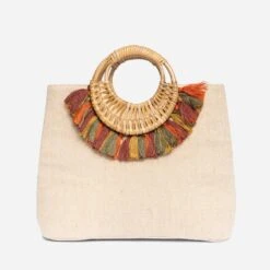Sac à Main TEXTO Beige Avec Anses Bois Et Pampilles