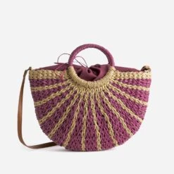 Panier Beige Et Prune En Papier Tressé