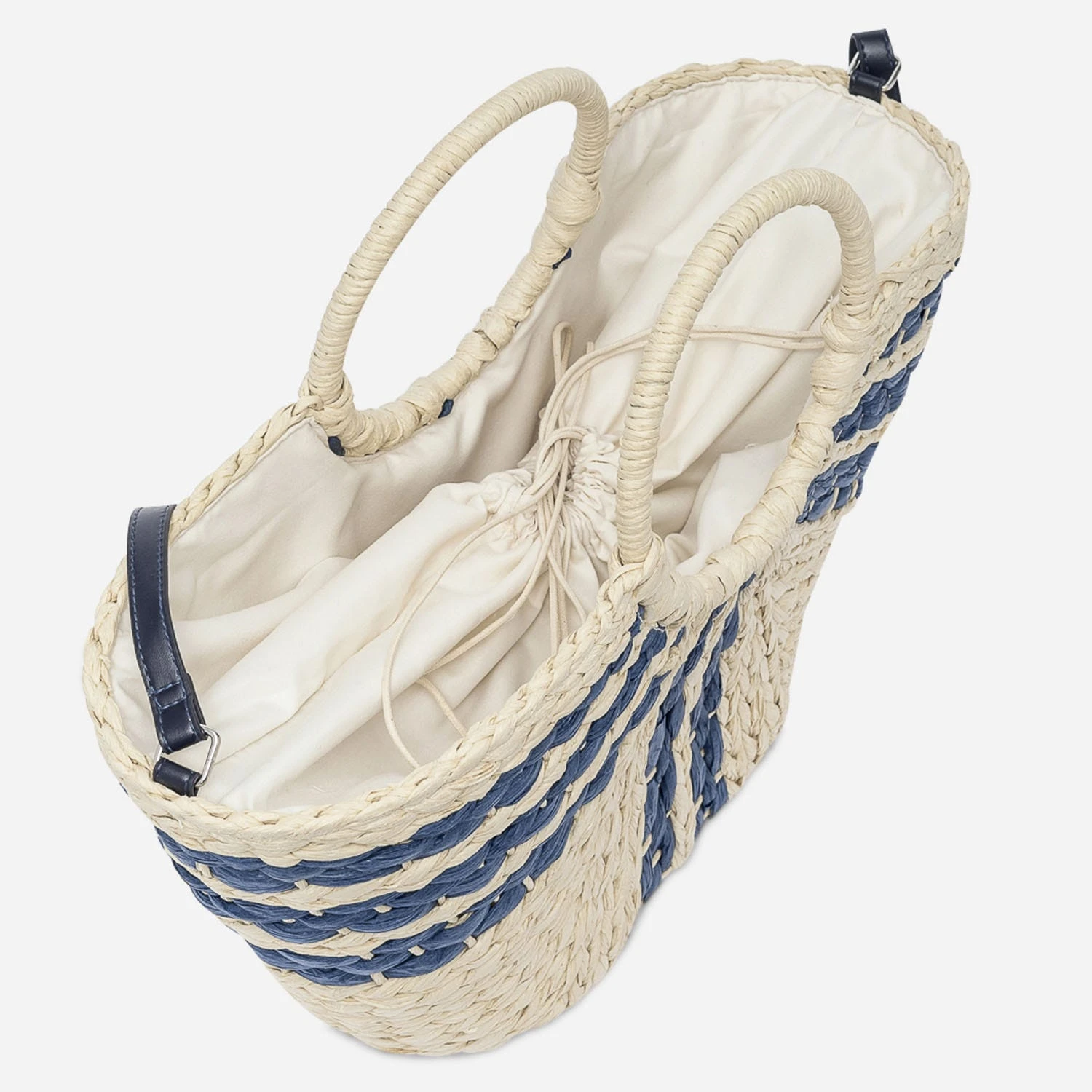 Panier écru Et Bleu En Papier Tressé Avec Bandoulière 7 Panier écru Et Bleu En Papier Tressé Avec Bandoulière – Image 5