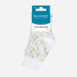 Chaussettes BLEU FORET Blanches à Fleurs Jaunes - 37/41