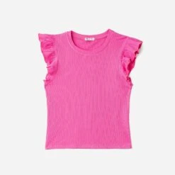 Tee-shirt TEXTO Rose Côtelé à Manches Volantées