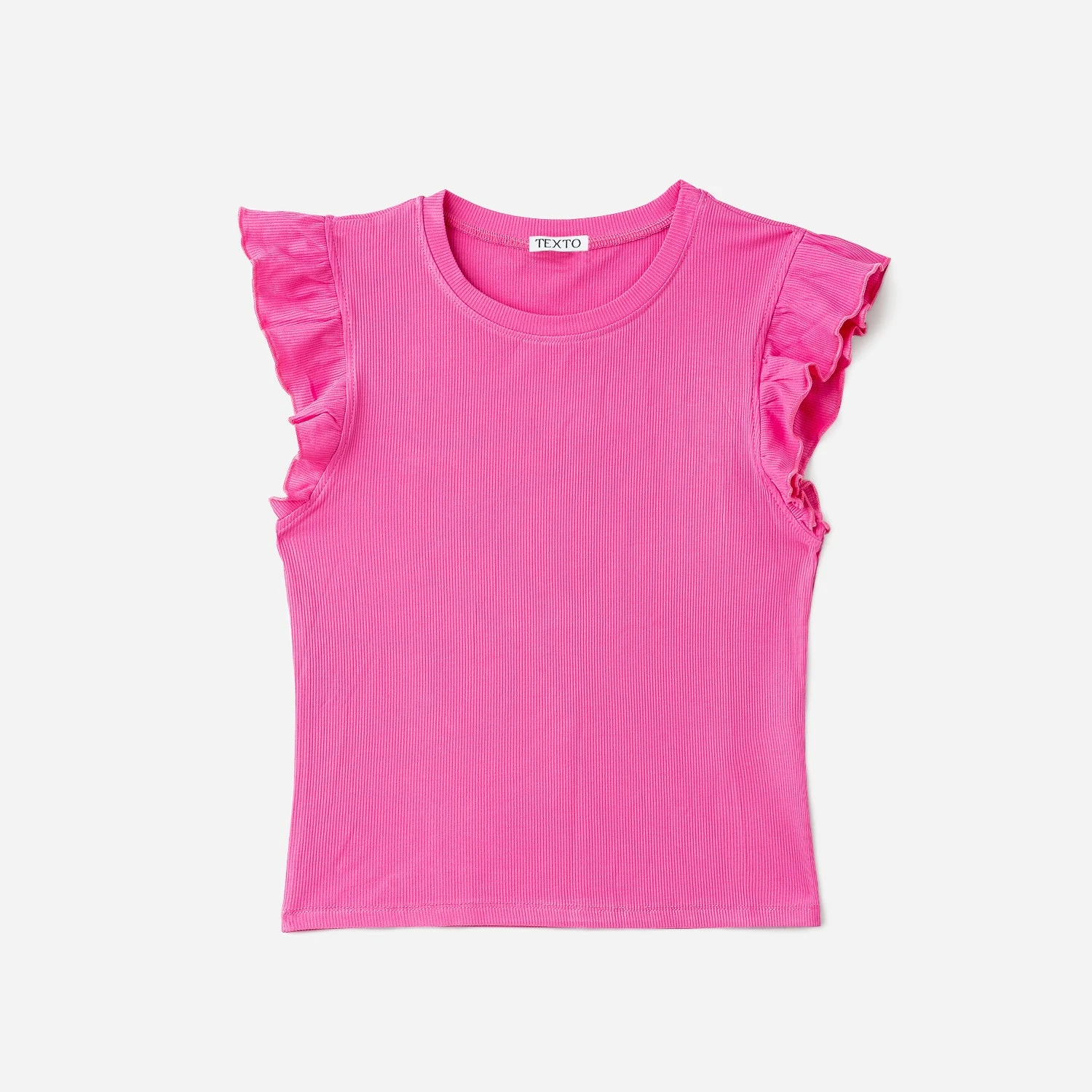 Tee-shirt TEXTO Rose Côtelé à Manches Volantées 3 Tee-shirt TEXTO Rose Côtelé à Manches Volantées