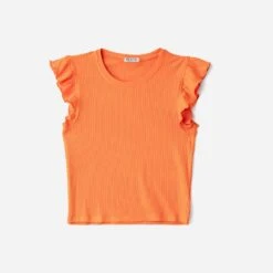 Tee-shirt TEXTO Orange Côtelé à Manches Volantées