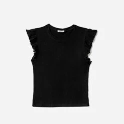 Tee-shirt TEXTO Noir Côtelé à Manches Volantées