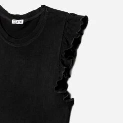 Tee-shirt TEXTO Noir Côtelé à Manches Volantées -Caprices Chaussures Boutique WWWERM 10798900008 2