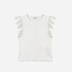 Tee-shirt TEXTO Blanc Cassé Côtelé à Manches Volantées